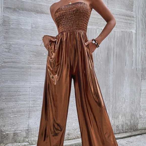METALLIC BRONZE SHIRRED TUBE POCKETED JUMPSUIT TRENDING FALL ELEGANT PARTY - Picture 6 of 6